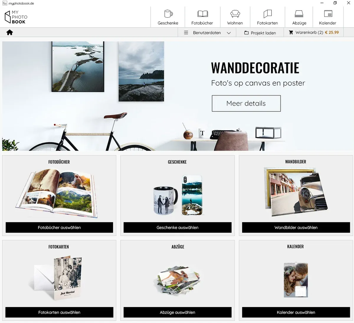 Selectie van fotoproducten in de software